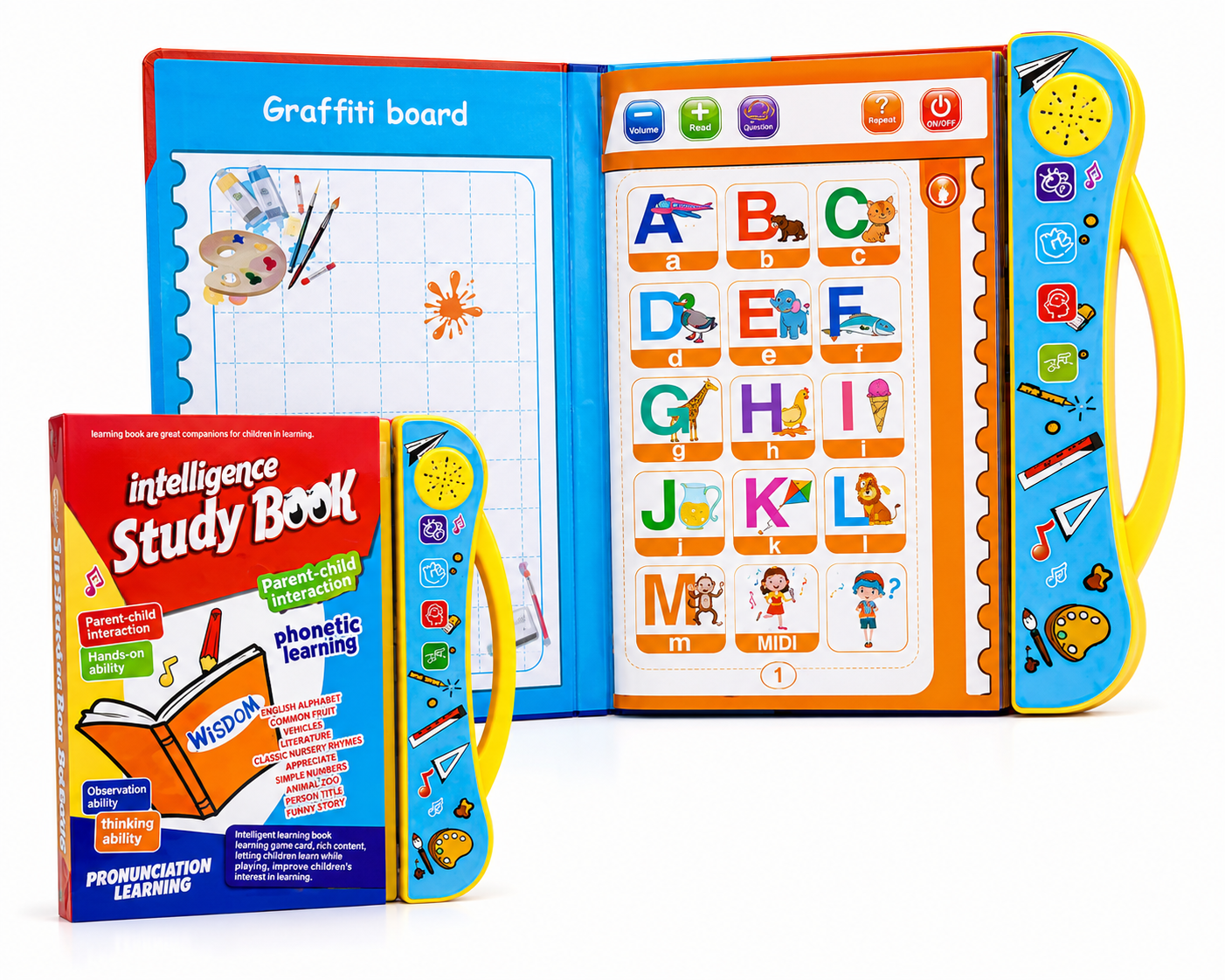 Interactive learning book alphabet and graffiti board